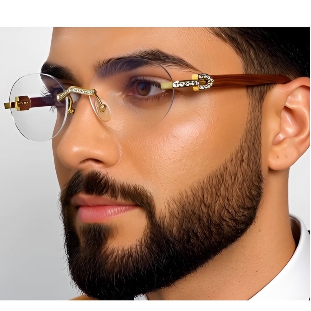 Rimless Round Glasses Wood Grain Gold Rhinestone Clear Lens Fashion Frames Gafas